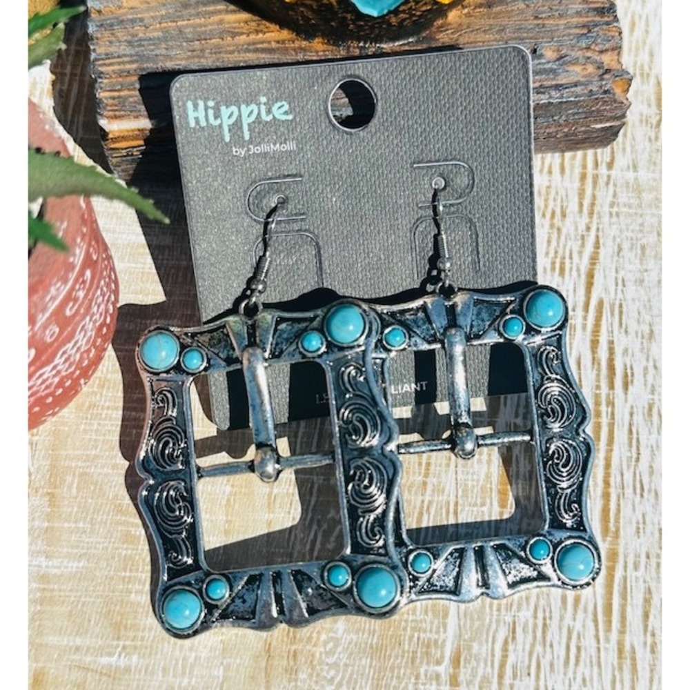 Hippie Brand Turquoise Silver Tone Southwestern Buckle Dangle Earrings